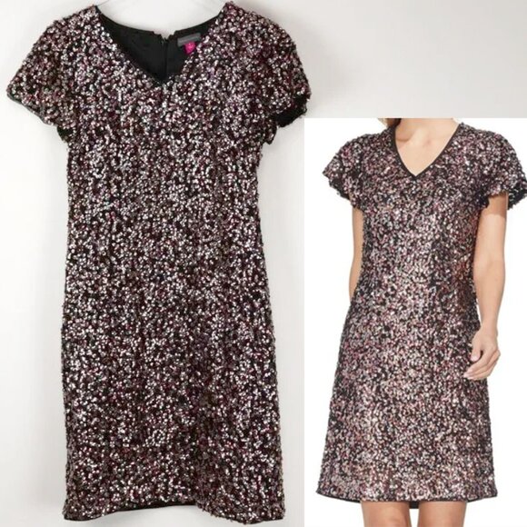 Vince Camuto Dresses & Skirts - Vince Camuto Sequin Dress Flutter Sleeve Shift Mini Cocktail Pink Black Size 0